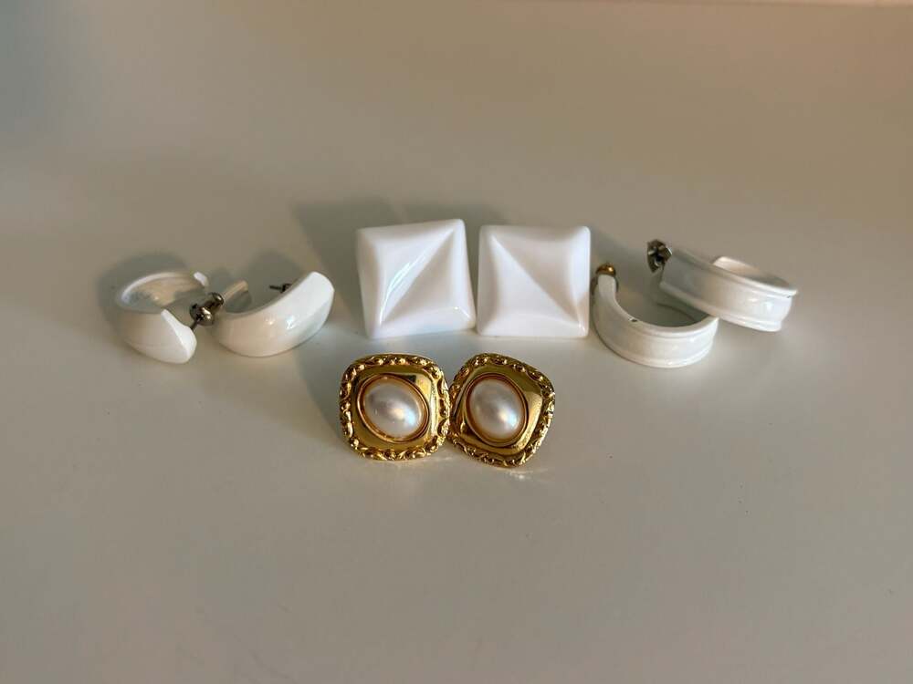 Vintage Unsigned Post Back Earring Lot: White and Gold Tone